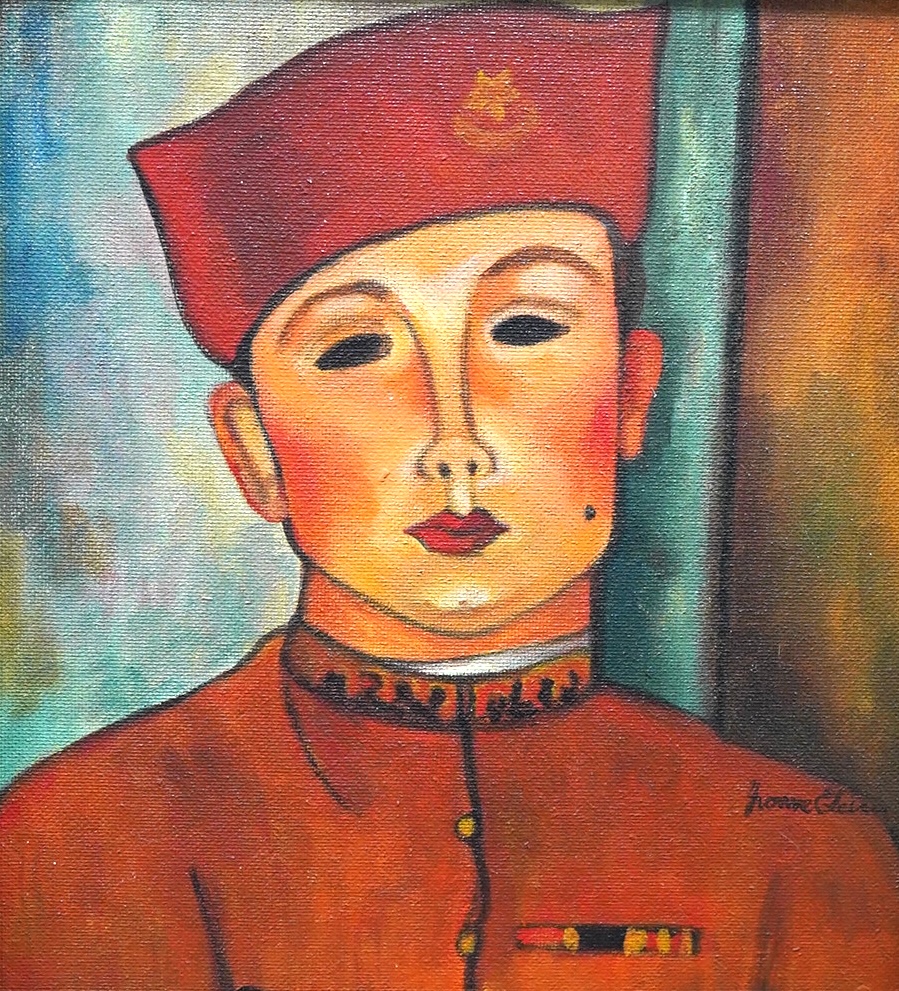 Yvonne Eleini (Russian, 1900-), oil on canvas board, Portrait of a Russian soldier in military dress, signed, 41 x 38cm. Condition - good